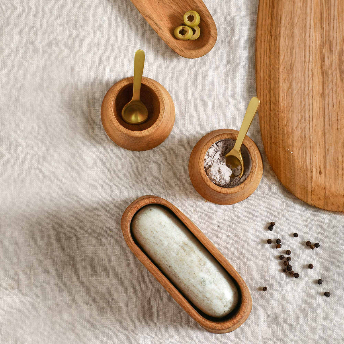Belfort French Oak Pinch Bowls with Brass Spoons, Set of 2