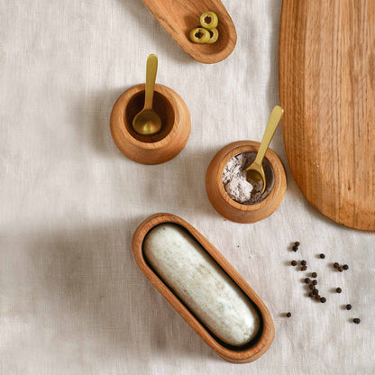 Belfort French Oak Pinch Bowls with Brass Spoons, Set of 2