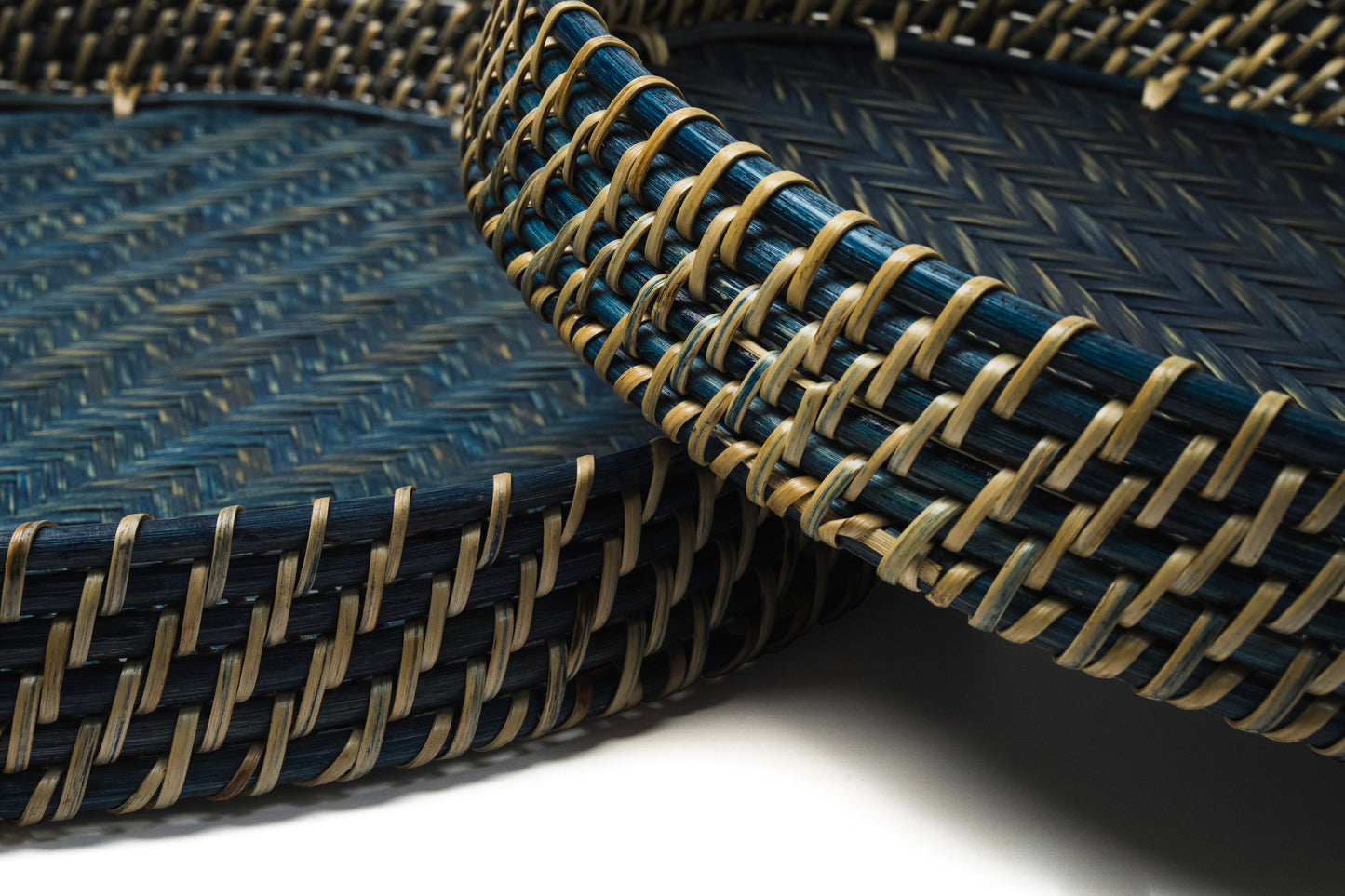 Round Rattan Tray in Navy Blue - Coastal Woven Decorative Tray, Beach House Entertaining