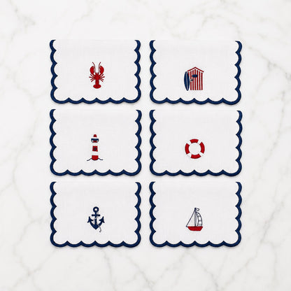 Embroidered Nautical Mix Cocktail Napkins (Set of 6)