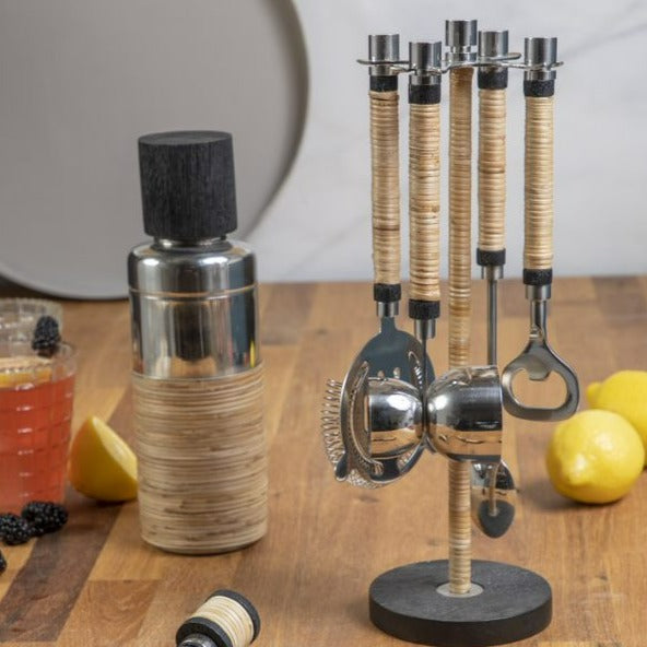 Arendal Rattan Cocktail Shaker - Coastal Handcrafted Black Mango Wood & Rattan Barware, Beach House Entertaining