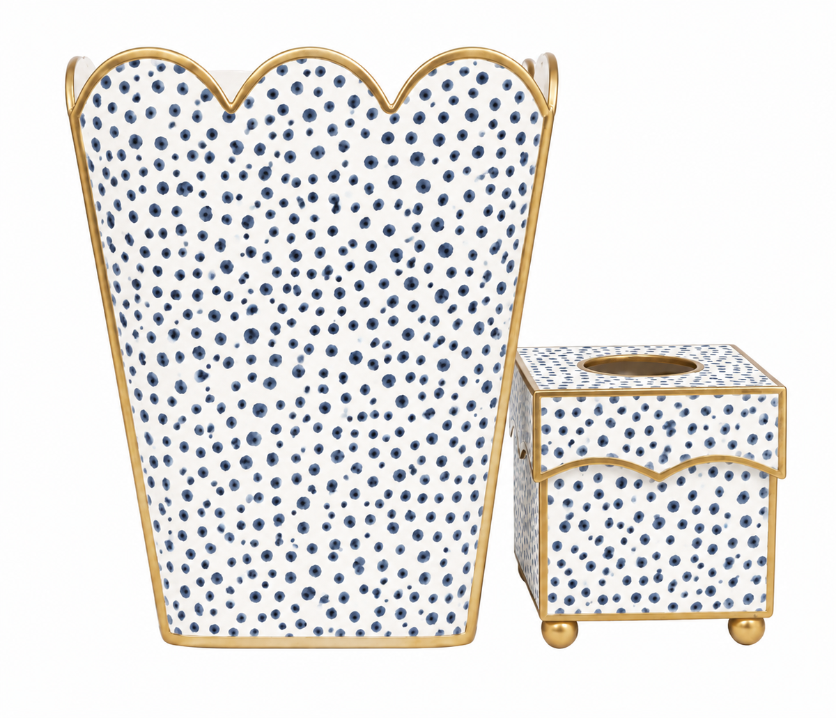 Navy Dot Scalloped Chinoiserie Tole Tissue Holder & Wastepaper Basket