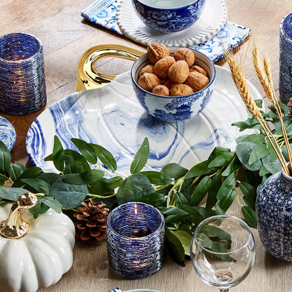 Blue and white pumpkin platter styled for fall entertaining