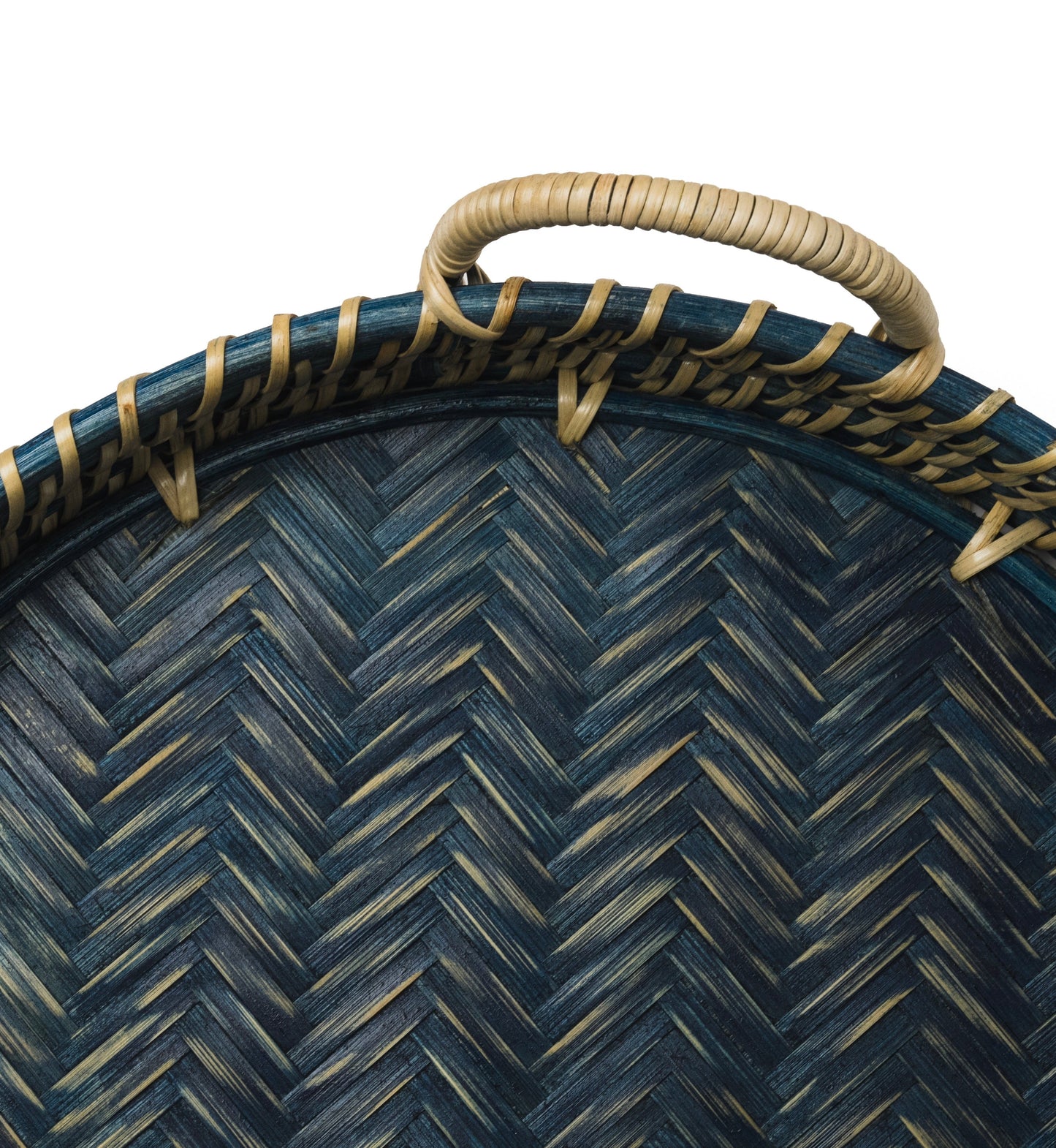 Round Rattan Tray in Navy Blue - Coastal Woven Decorative Tray, Beach House Entertaining