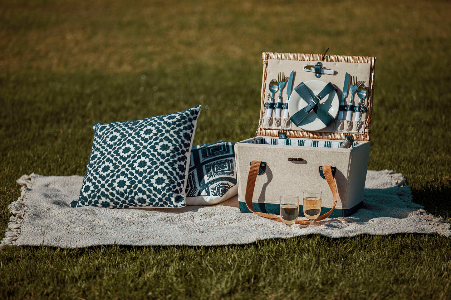 Boardwalk Picnic Basket for 2 - Coastal Handwoven Wine & Cheese Set, Beach House Romantic Gift
