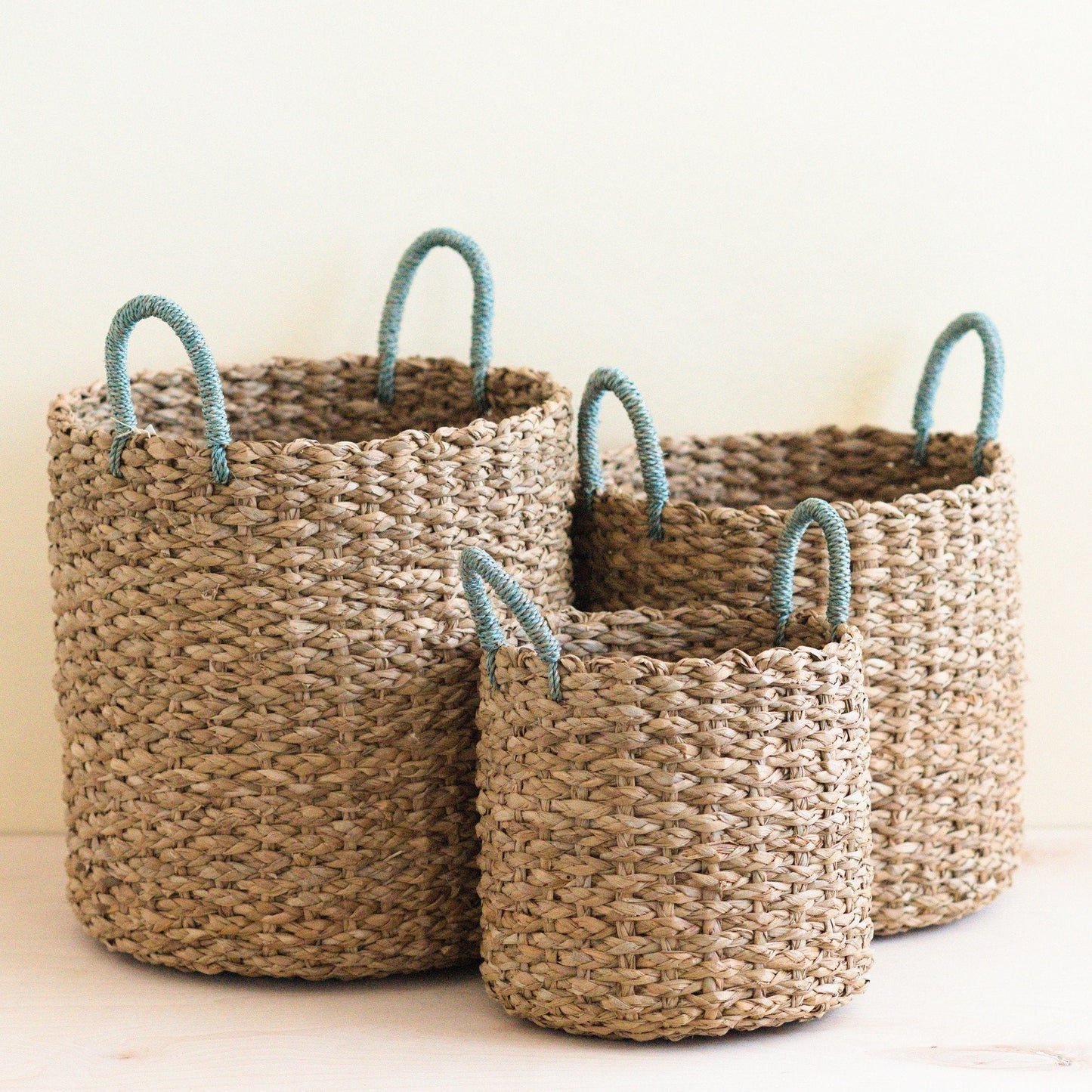 Seagrass Woven Baskets with Sky Blue Handles Set of 3 - Coastal Handwoven Seagrass Storage Baskets, Beach House Decor & Organization