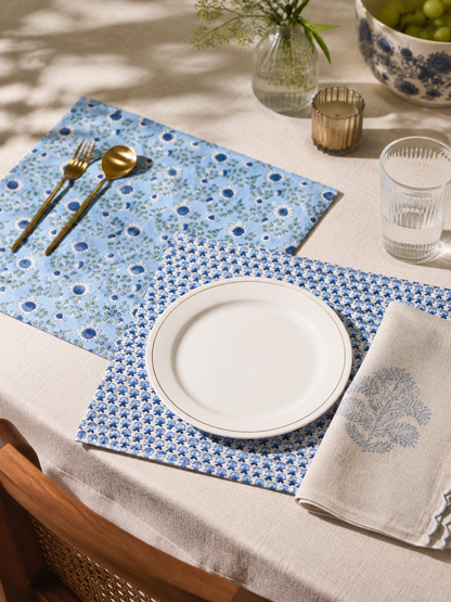 Parijat Ocean Blue Reversible Blockprint Placemats-Set of 2