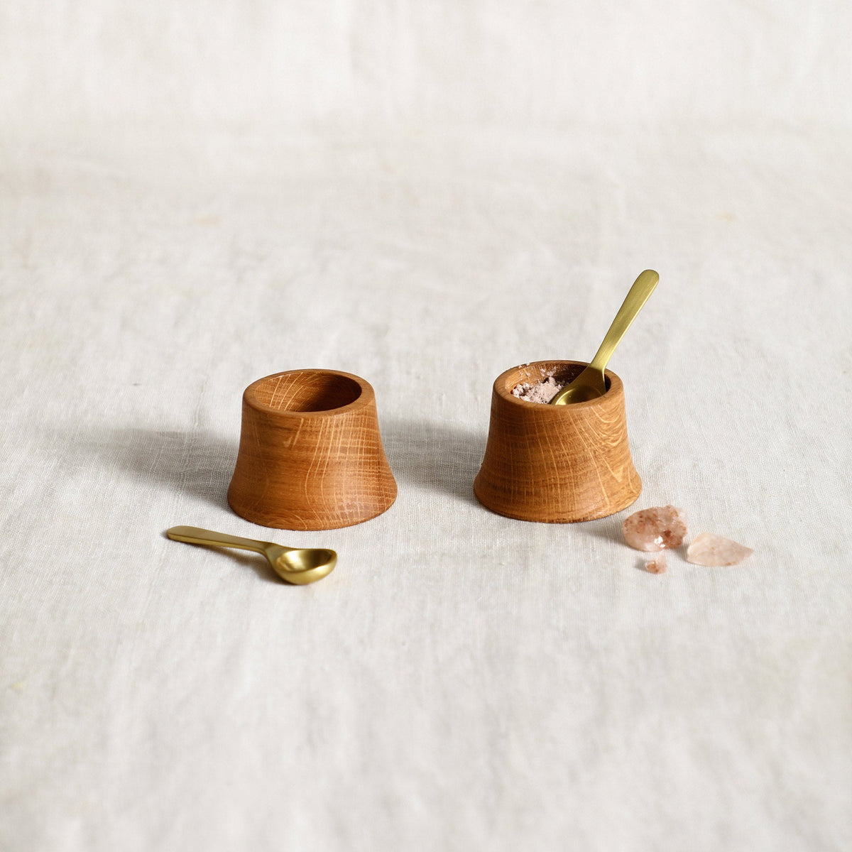 Belfort French Oak Pinch Bowls with Brass Spoons, Set of 2