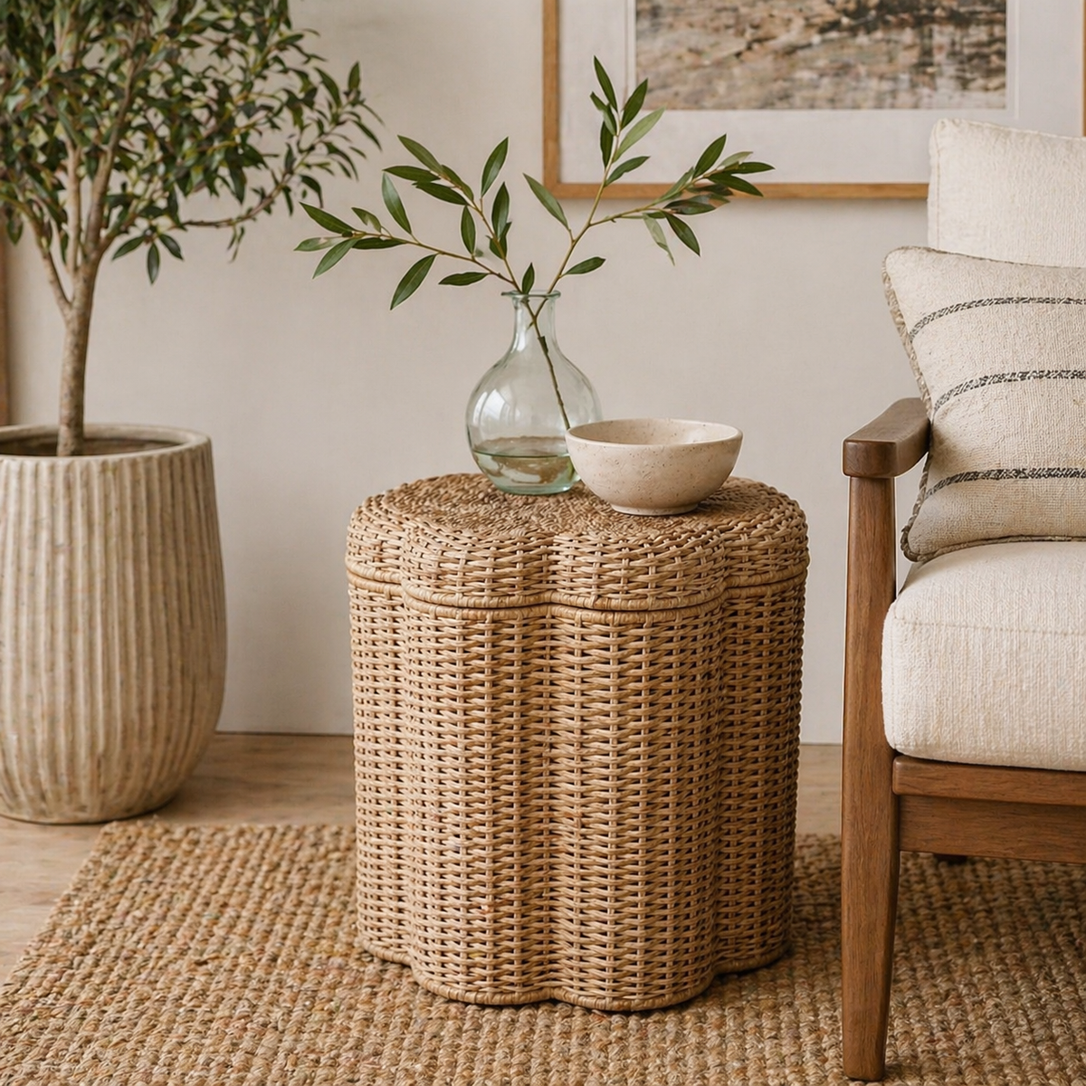 Scalloped Wicker Storage Ottoman