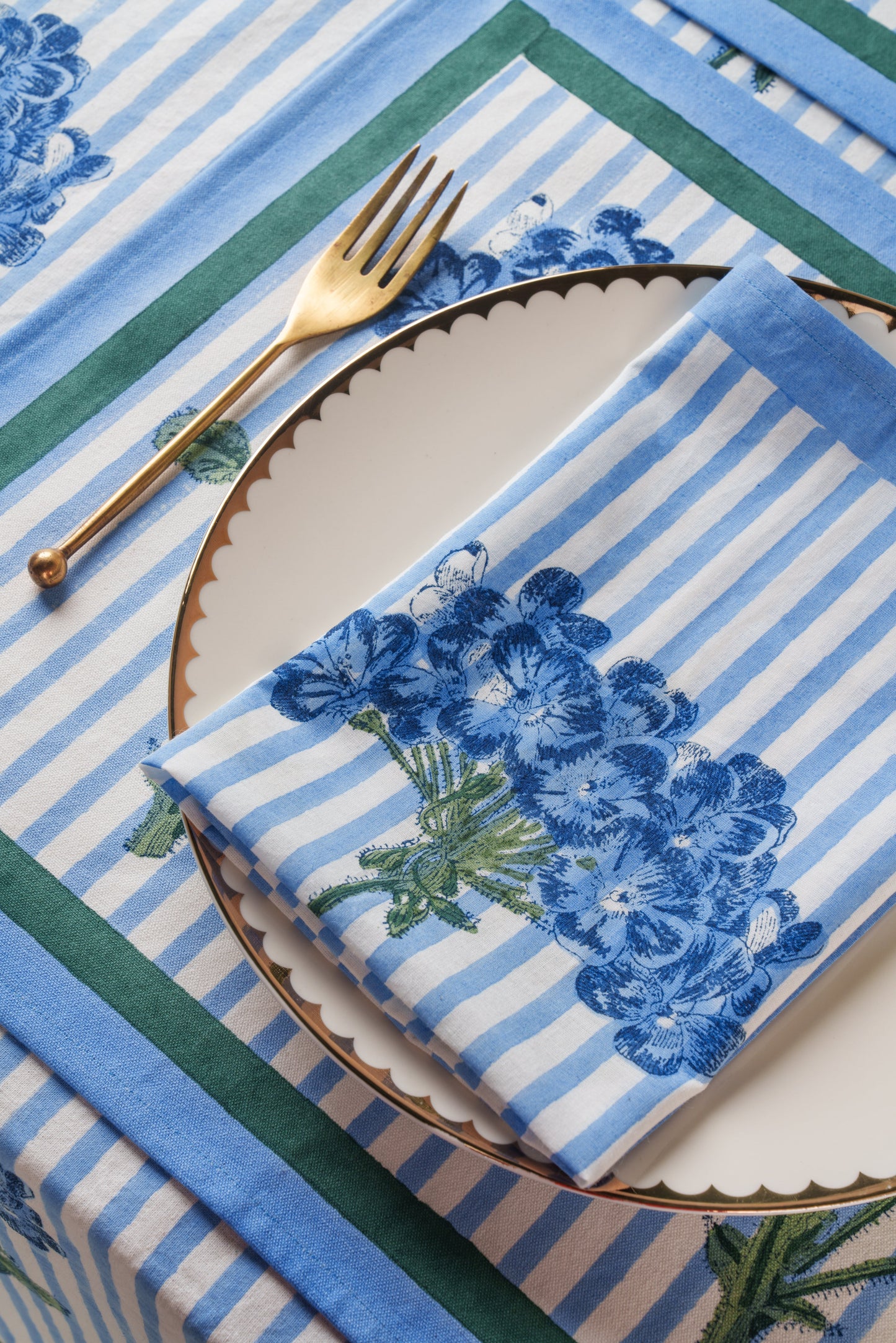 Blue Hydrangea Blockprint Napkins Set of 4 - Coastal Artisan Cotton Table Linens, Beach House Dining