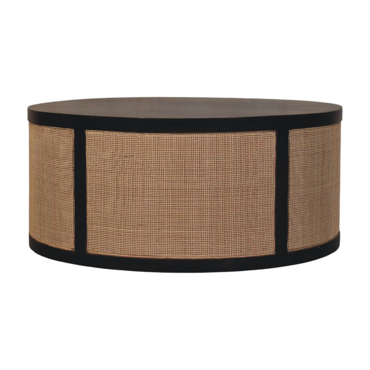 	Monaco round coffee table with a dark brown wood top and frame surrounding natural woven rattan panels