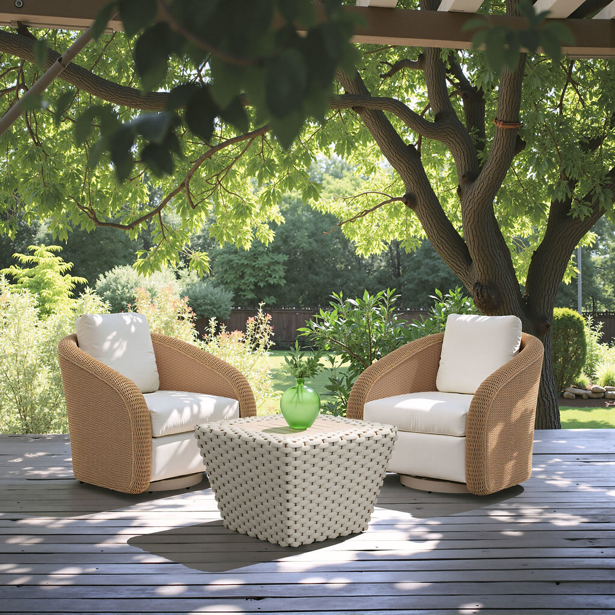 Two Solara ivory outdoor swivel chairs arranged around a woven coffee table on a shaded deck