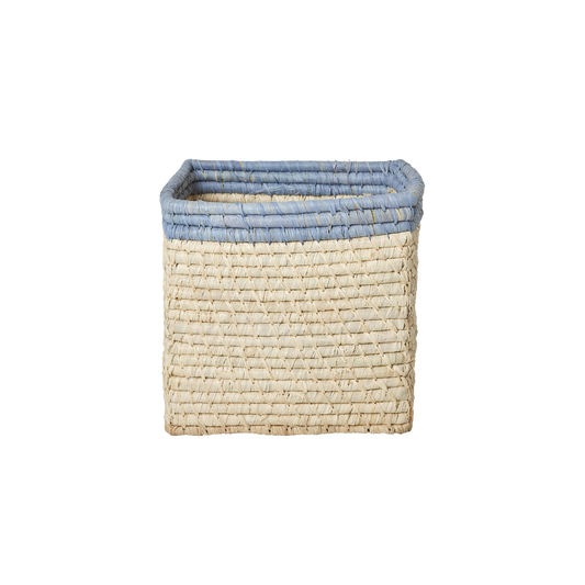 Small Square Raffia Storage Basket with a Blue Top