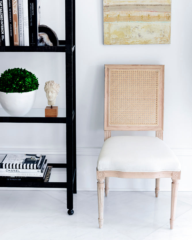 Bienville Chair with Cane - Coastal Louis XVI Dining Chair, Linen Upholstered