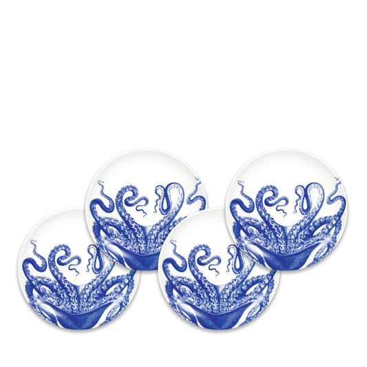 Lucy Octopus Small Plates Set of 4 - Coastal Blue & White Premium Porcelain Appetizer Plates, Beach House Entertaining