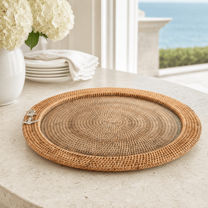 Anchor Rattan Round Serving Tray with Glass Insert