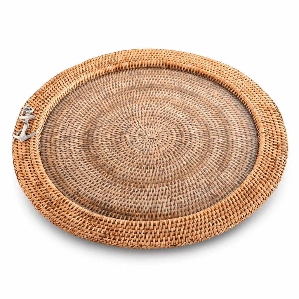 Anchor Rattan Round Serving Tray with Glass Insert