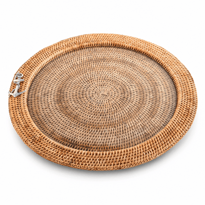 Anchor Rattan Round Serving Tray with Glass Insert