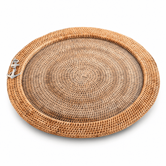 Anchor Round Serving Tray Hand Woven Wicker Rattan - Glass Insert