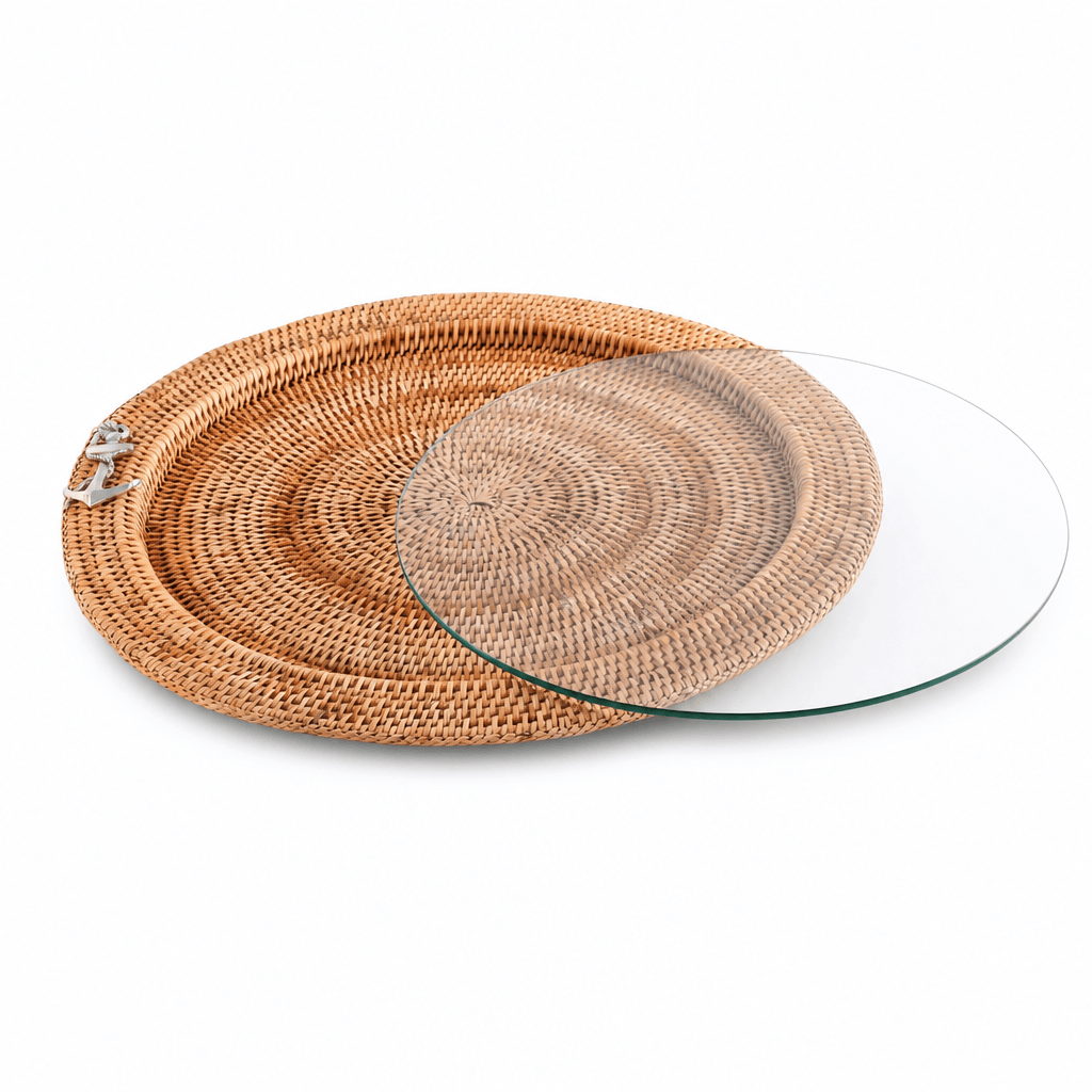 Anchor Rattan Round Serving Tray with Glass Insert