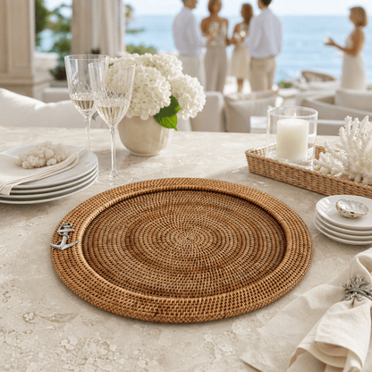 Anchor Rattan Round Serving Tray with Glass Insert