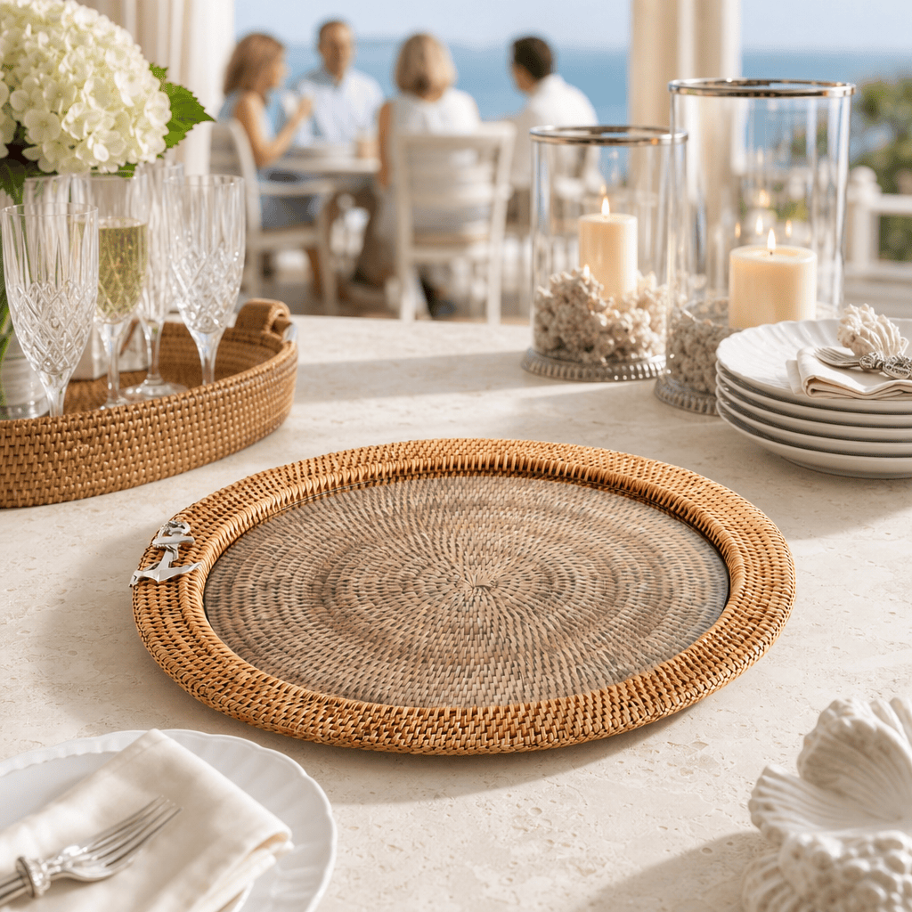 Anchor Rattan Round Serving Tray with Glass Insert