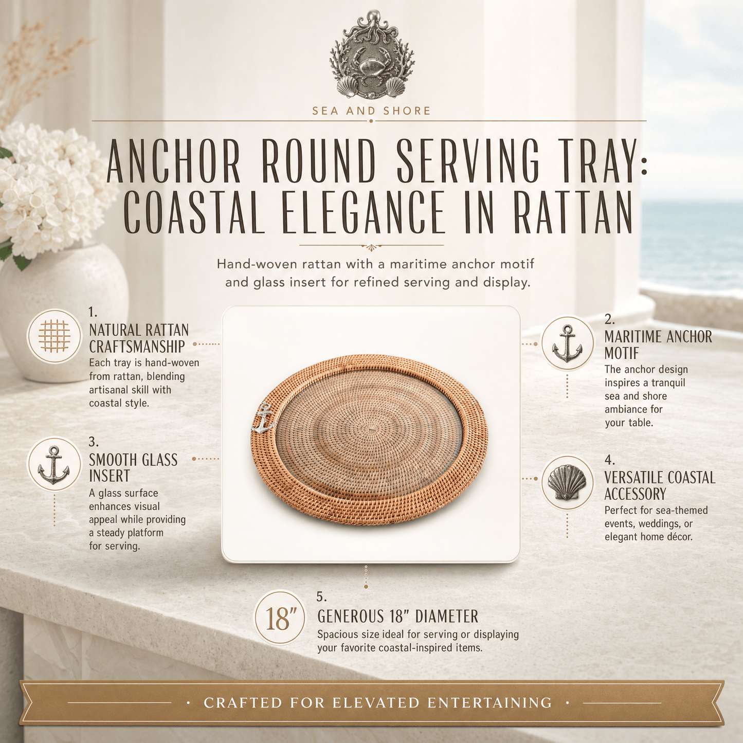 Anchor Rattan Round Serving Tray with Glass Insert
