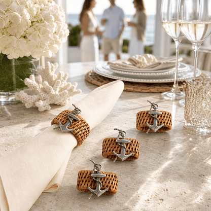 Anchor Hand Woven Wicker Rattan Napkin Ring - Set of 4