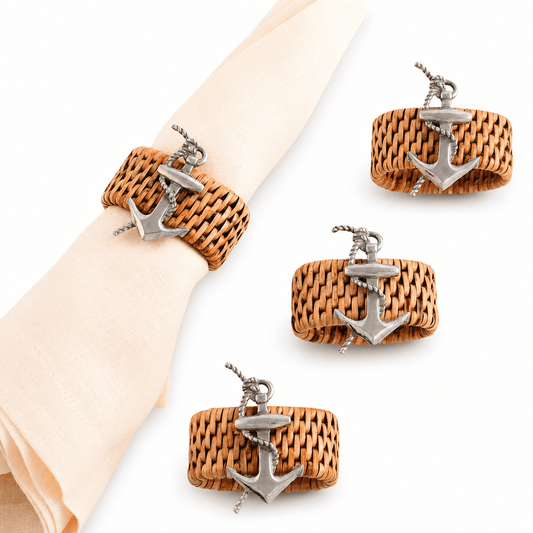 Anchor Hand Woven Wicker Rattan Napkin Ring - Set of 4