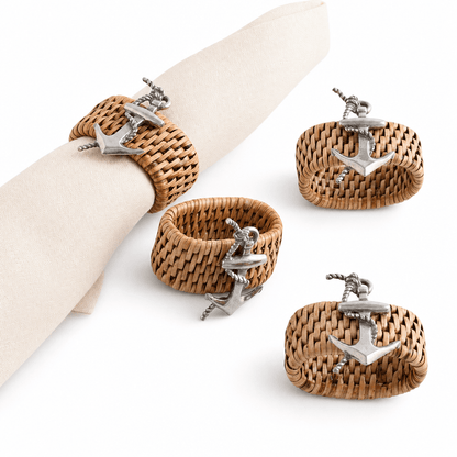 Anchor Hand Woven Wicker Rattan Napkin Ring - Set of 4