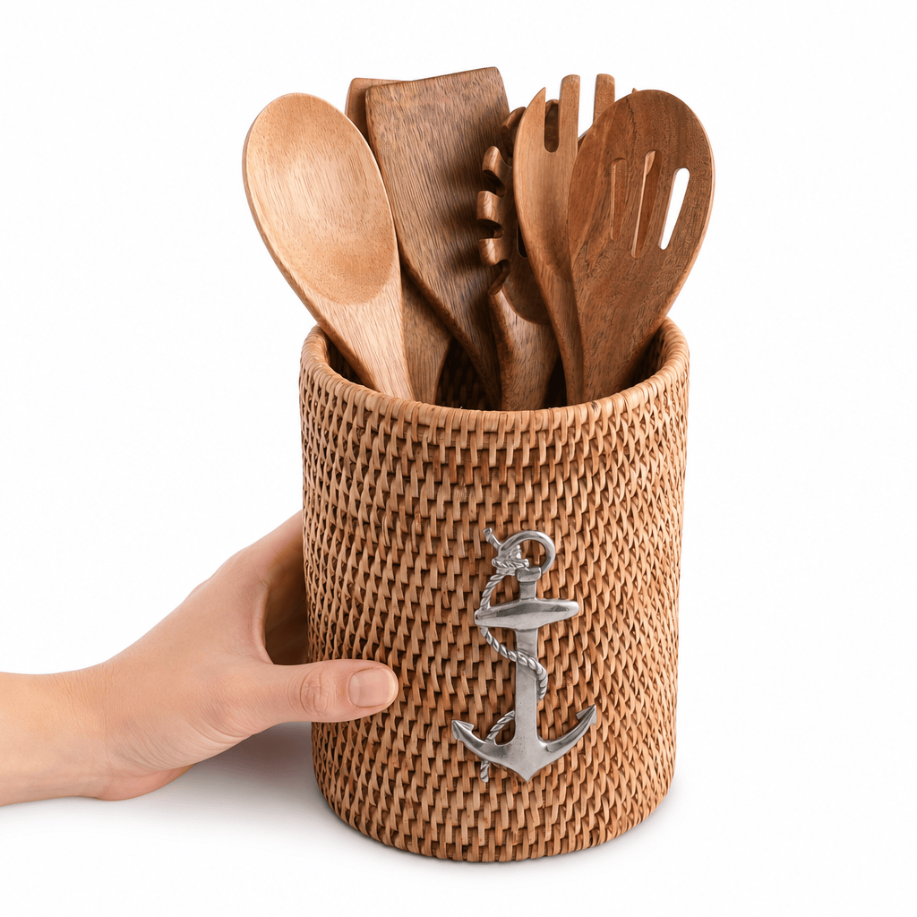 Anchor Hand Woven Wicker Rattan Utensils Holder
