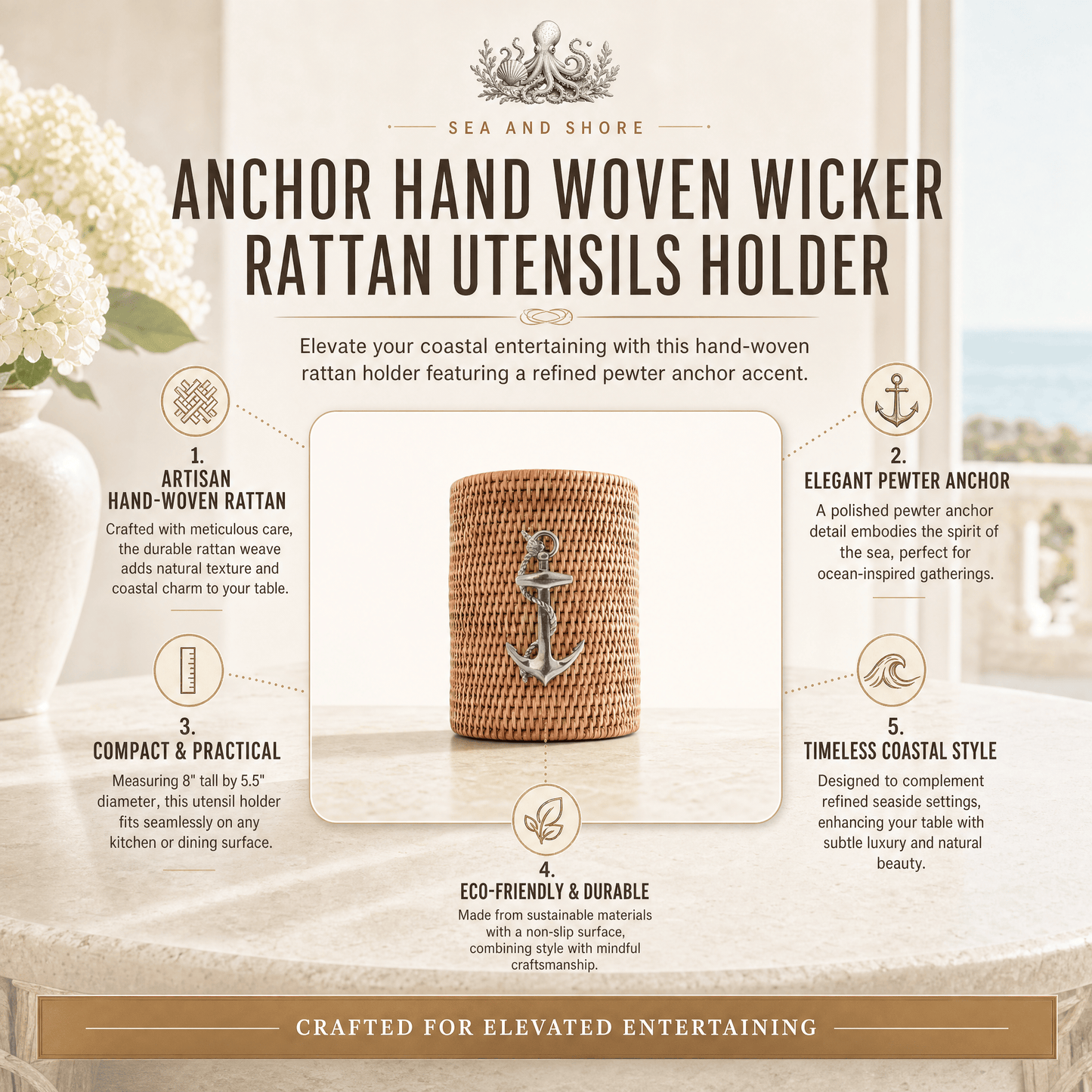 Anchor Hand Woven Wicker Rattan Utensils Holder