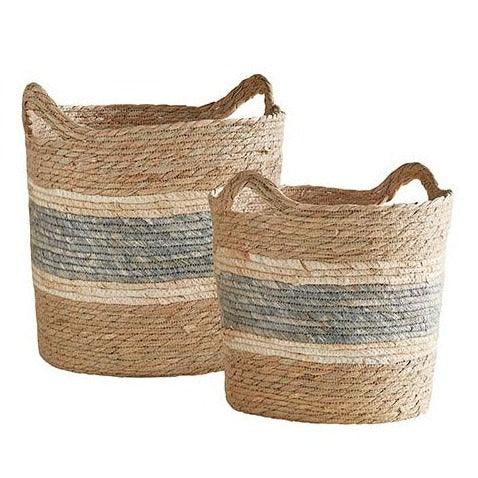 two large baskets with blue and beige stripes