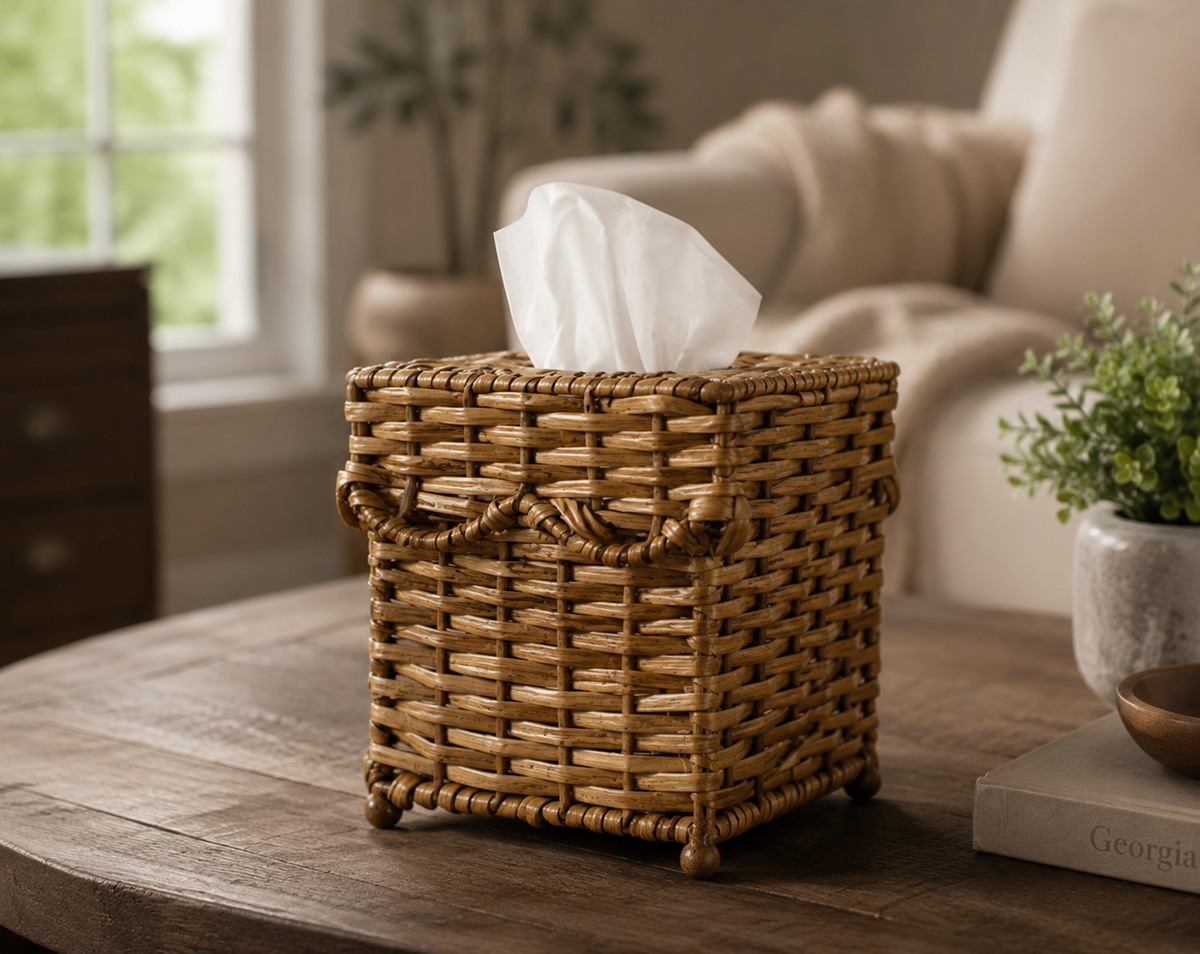 Square Scalloped Wicker Wastepaper Basket & Tissue Holder