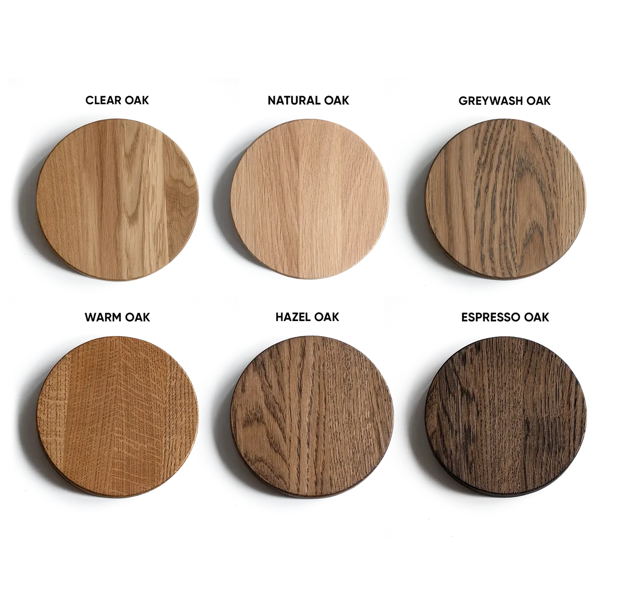 Six oak finish samples for the Noah coffee table, ranging from light natural tones to dark brown