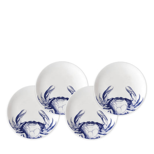 Crab Small Plates Set of 4 - Coastal Premium Porcelain Crab Appetizer Plates, Beach House Entertaining & Tableware