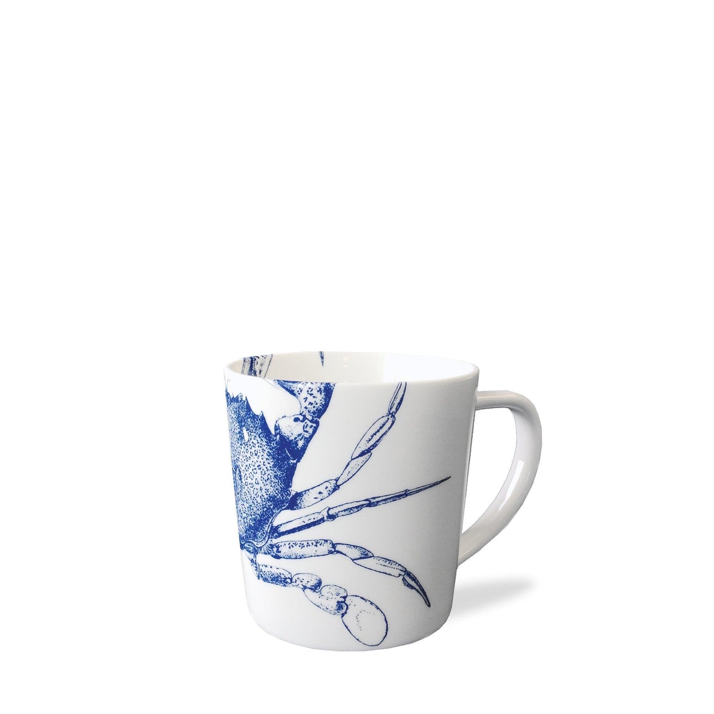 a blue and white coffee cup with a flower on it