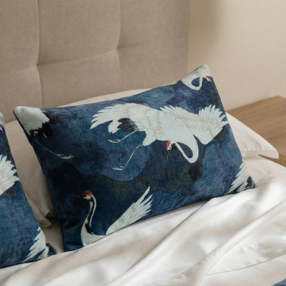 Baritone Blue velvet lumbar pillow with crane design