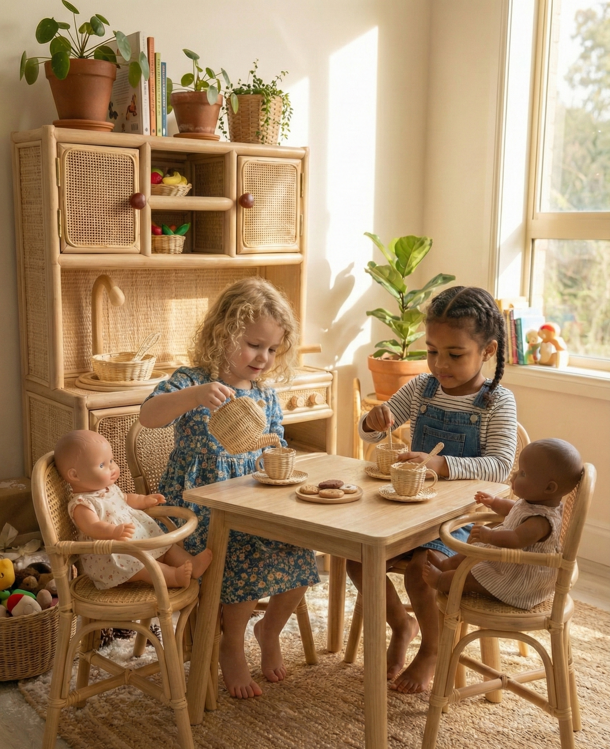 Montessori-Style Rattan Play Kitchen – Natural Pretend Play Station with Storage