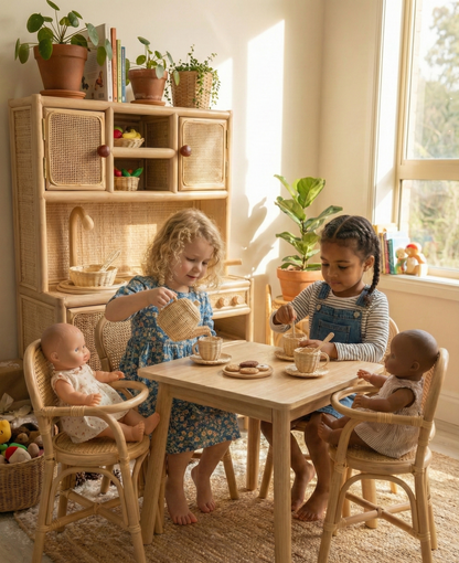 Montessori-Style Rattan Play Kitchen – Natural Pretend Play Station with Storage