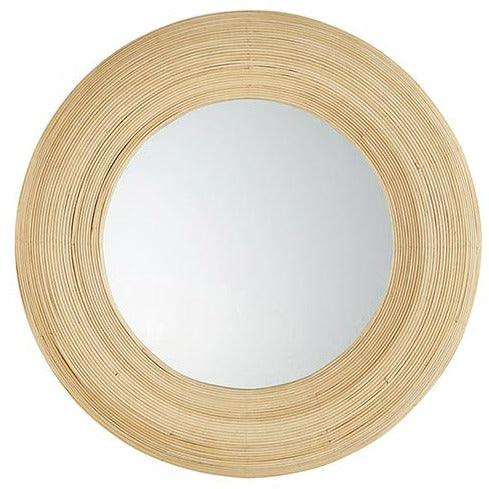 a round mirror that is made of wood