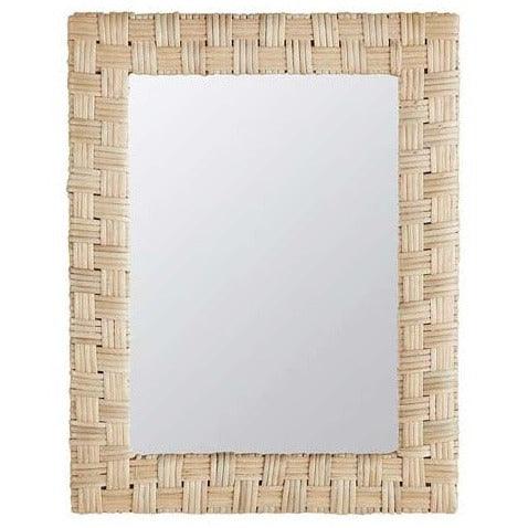a square mirror with a woven frame