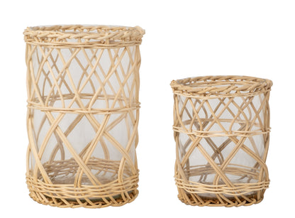 Small and large Chunky Wicker Hurricanes with clear glass vessels and natural crisscross woven surrounds