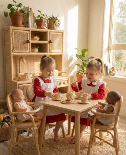 Montessori-Style Rattan Play Kitchen – Natural Pretend Play Station with Storage