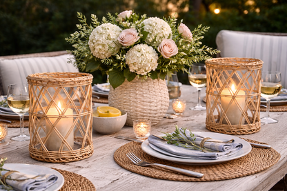 Two wicker hurricane candle holders glowing on a dining table with flowers, white plates, and woven placemats