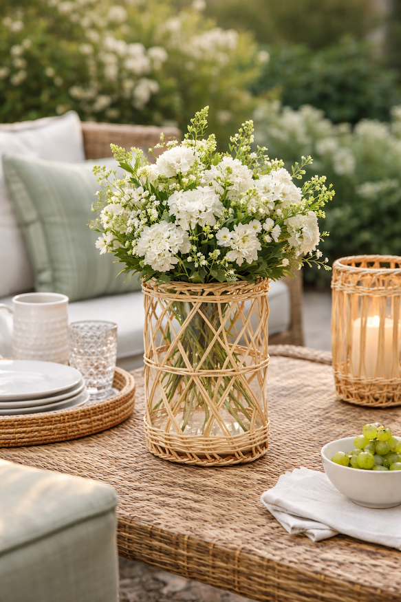 Wicker hurricane styled with white flowers beside a matching candle display on an outdoor table