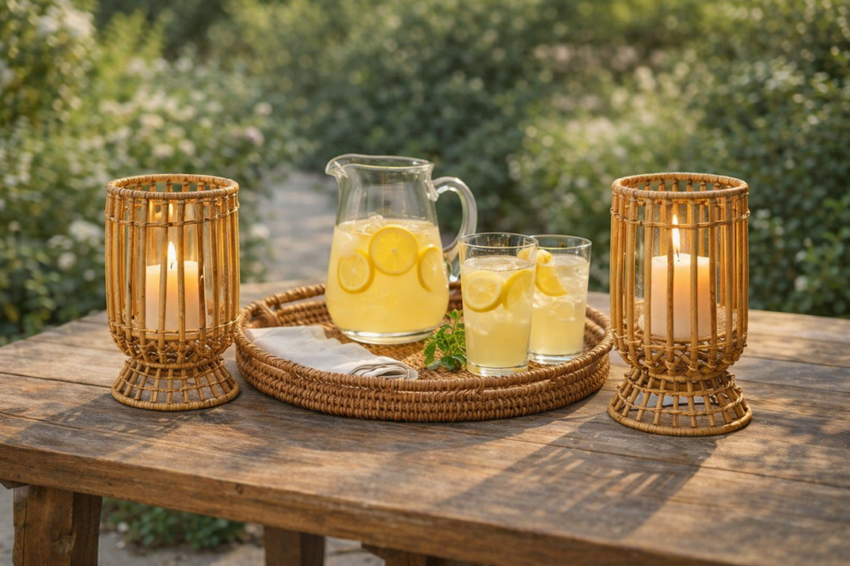 Bamboo Wicker Hurricane Lantern