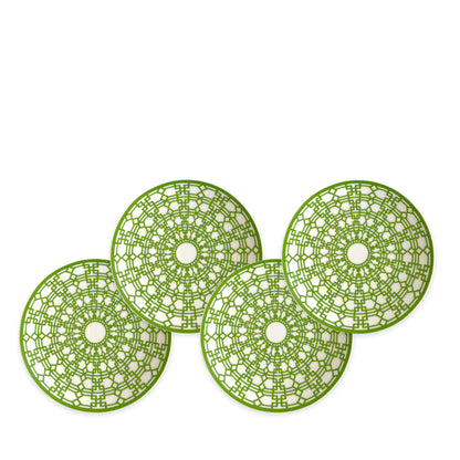Four Newport Garden Gate Verde green-and-white porcelain small plates with an interlocking lattice pattern
