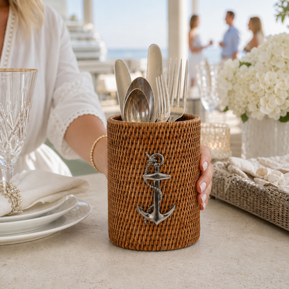 Anchor Hand Woven Wicker Rattan Utensils Holder