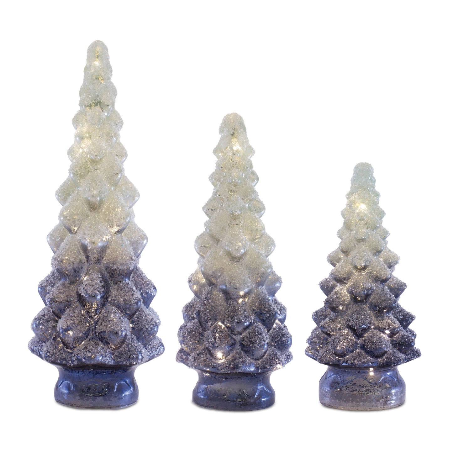 three cream and blue glass christmas trees